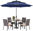 PHI VILLA 5 Pieces Outdoor Dining Set with Umbrella for 4, 37" Square Metal Dining Table & 4 Cushioned Wicker Rattan Chairs with 10ft Navy Blue Umbrella for Patio, Deck, Yard, Porch