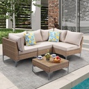 5 Piece Patio Furniture Set, Wicker Modular Outdoor Furniture with Thicker Cushions, Outdoor Couch Sofa for Garden, Poolside, Backyard, Beige
