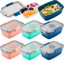Tessco 6 Pcs Large Salad Container for Lunch 68 oz Salad Bowls Stackable Lunch Box Containers with 5 Compartment and Sauce Cups Spoons for Adults Meal Snack Food Dressing Fruit, Pink Green Blue