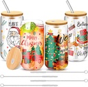 4 Pcs Christmas Glass Cups with Lids Straws Brushes, Ice Coffee Glasses 16 oz Christmas Mason Jars Gifts for Teacher Nurse Friends Women Kids Men Coffee Cups Tea Bubble Tea Juice