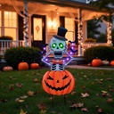 Metal Halloween Garden Stakes Decorations for Outdoor, Skeleton Jack-o-Lantern Pumpkins Yard Signs Stake with Solar Lights for Halloween Party Garden Lawn Porch Pathway Holiday Decor, 29"