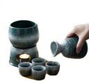 Sake Set Sake Mug Set 7 Pieces Japanese Sake Set with Warmer and Candle Stove Malachite Green Snowflake Glaze Wine Glasses Set for Cold/Warm/Hot Sake/Shochu/Tea