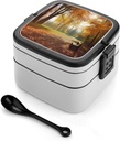 Autumn Park Bento Box Adult Lunch Box All-in-One Lunch Containers with Removable Compartments Double Layer Bento Lunch Box with Spoon And Handle Stackable Lunchbox