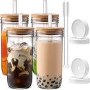 DWTS DANWEITESI Glass Cups with Lids and Straws,24 oz Smoothie Cup with Lid and Straw-Boba Mason Jar,Matcha Cup Wide Mouth Reusable Drinking Glasses,Iced Coffee Cups Glass,Vasos De Vidrio【4 Pack】