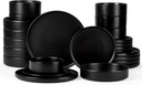 Onader 24 Piece Stoneware Dinnerware Sets with Pasta Bowls, Kitchen Dinner Dishes Set for 6, Plates and Bowls Dishware Dining Ware - Ebony Black