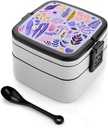Stackable Double-Layer Bento Box Soft Purple Pattern Adults Lunchbox with Spoon Cute Japanese Bento Box Dishwasher Safe for Work Travel Dining Outc