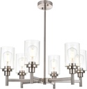 VINLUZ 6 Light Contemporary Chandelier Brushed Nickel Modern Pendant Lighting Cylinder Clear Glass Shaded Classic Ceiling Light Fixtures for Living Room Dining Room Kitchen