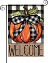 Fall Pumpkin Welcome Fall Garden Flag for Outside 12x18 Inch, Double Sided Buffalo Plaid Autumn Garden Flags - Thanksgiving Harvest Decoration Burlap Yard Flag for Outdoor Holiday Festivities