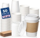 Fit Meal Prep 50 Pack 12 oz Disposable Coffee Cups with Lids, Sleeves, Leak-Proof To Go Coffee Cups with Lids, Durable Hot Paper Cups for Home, Office, Party, Business