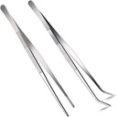2 Pcs 12 Inch Long Handle Stainless Steel Straight and Curved Tweezers Nippers, Set with Serrated Tips Comfortable Ridged Handle for Garden, Kitchen, Indoors and Outdoors