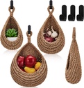 Honeydak 3 Pack Hanging Wall Baskets for Kitchen Teardrop Boho Decor with Hooks Storage Fruit Vegetable Onion Potato for Restaurant Home 3 Sizes(Linen,Hemp Rope)