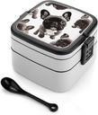 French Bulldog Bento Box with Compartments Double Layer Bento Lunch Box with Spoon And Handle All-in-One Adult Lunchbox Leakproof Lunch Container for Work Picnic Travel