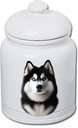 Best of Breed Siberian Husky Black/White Blue Eyes Dog and Cat Ceramic Treat Jar 9" Tall Air Tight Seal All White