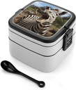 Bento Lunch Box for Women Lunch Containers for Adults Funny Zebra Double Layered Lunchbox Large Capacity Bento Box with Cutlery for Work Picnic Camping Travel