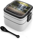 Water Fall Bento Box Adult Lunch Box All-in-One Lunch Containers with Removable Compartments Double Layer Bento Lunch Box with Spoon And Handle Stackable Lunchbox