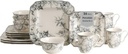 222 Fifth Adelaide 16-Piece Square Floral Dinnerware Set – Service for 4, Grey & White Porcelain Plates & Bowls, for Everyday Dining & Entertainment, Microwave & Dishwasher Safe, Chip Resistant