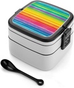 Bento Lunch Box for Women Lunch Containers for Adults Rainbow Colored Striped Double Layered Lunchbox Large Capacity Bento Box with Cutlery for Work Picnic Camping Travel