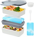 Bento Lunch Box Adult, 3 Stackable Lunch Containers for Adult Kids Men Women, Leak-Proof Built-in Utensil Set Reusable Ice Pack (white)