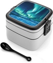 Adult Double-Layer Bento Box Northern Lights Portable Lunch Box with Spoon And Invisible Handle Leakproof Microwave-Safe Food Container for Work Travel Camping
