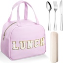 Sanwuta 5 Pcs Preppy Purple Lunch Box Set for Teen Girls Women Insulated Leather Cute Lunch Bag with Utensils Letter Thermal Bento Box for Teen Girls Kids Adult School Travel Office
