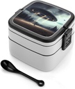 UFO Landing Bento Box Double-Layer Bento Lunch Container with Spoon And Invisible Handle Adult Leak-Proof Lunchbox for Dining Out Work Picnics Travel