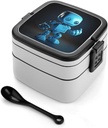 Cute Blue Robot Bento Box with Spoon, 2-layer Stackable Lunch Box Leak Proof with Invisible Handle, Insulated Food Storage for Office, Picnic & Travel
