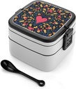 Colorful Heart Bento Box Adult Lunch Box All-in-One Lunch Containers with Removable Compartments Double Layer Bento Lunch Box with Spoon And Handle Stackable Lunchbox