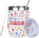 Nurse Gifts Nurse Accessories for Work 12oz Insulated Cup with Lid Straw Wine Tumbler Vacuum Insulated Travel Cup, Nursing Gifts for Women RN Nurses Student Birthday Christmas Halloween Graduation