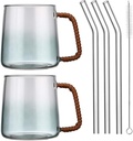 glass cups with straws with Hand woven handle and Glass Straw 2pcs Set-19oz glass coffee cups,Gift,Iced Coffee Glasses,Beer Glasses, Cute Tea Cup,Whiskey (Handmade handle glass cup