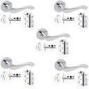 Infinity Decor Pack of 5 Polished Chrome Rosemarie Brass Curved Lever on Rose Door Handles with Latch and Hinges Set - for Interior & Exterior Use
