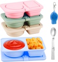 4 Pack Silicone Reusable Snack Containers with Lids, Double Compartment Snack Containers with Foldable Fork, Small Size for Sauce Containers, Travel, School, Office & Picnic