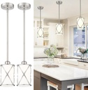 Brushed Nickel Pendant Lights Kitchen Island 2 Pack, Modern Glass Pendant Light Fixtures with Frosted Glass and Rods, Mini Hanging Lighting for Kitchen Sink Bathroom, CH9176BNW-2PK
