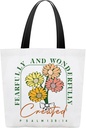 Christian Canvas Tote Bag For Women, Fearfully and Wonderfully Created Shoulder Bag, Inspirational Gifts For Friends Colleagues, Religious Shopping Bags, Floral Grocery Bag For Work Travel Church -43
