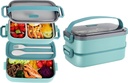 Bento Lunch Box for Kids Women Men, 47oz 2-Compartment Snack Salad Metal Food Prep Pack Container for Lunch, Stainless Steel 2 Layers Stackable Lunch Containers with Lids for Adults and Teens Green