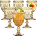 6 Pcs Goblet Glasses 10 oz Wine Glasses, Drinking Glasses Colored Retro Embossed Water Goblets For Wine Juice Baby Shower Wedding Reception Grand Event Party, Dishwasher Safe(Amber)