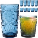 Blue Drinking Glasses Set of 12, 16 Oz Highball & 13 Oz Cocktail Glasses, Blue Kitchen Vintage Glassware Set, Floral Embossed Glass Tumbler Cups for Juice, Beer, Water, Whiskey, Coffee