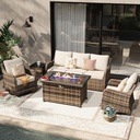 MEISSALIVVE 5 Pieces Patio Furniture Set with 43" Fire Pit Table, Wicker Patio Conversation Set with Swivel Rocking Chairs, Outdoor Patio Set for Lawn Backyard Porch (Brown)