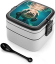 Manatee Animals Bento Box Double Layer Lunch Box for Adults with Spoon And Handle Stackable Lunchbox Leakproof Lunch Container for Work Picnic Travel
