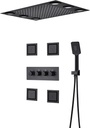 Cascada Thermostatic 14 x 20 Inch square LED Shower System with 4-Way Shower Mixer, Rainfall, 4 Massage Jets Spray Body Shower Set and Hand Shower (Matt Black)