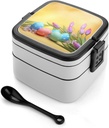 Rkklvbns Personalize Double Layer Bento Box April Easter Lunch Box - Durable, Leak-Proof with Spoon Adult Premium Bento Case for Work Travel Camping