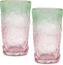 TOSSOW Drinking Glasses, Glassware Sets of 2, Mixed Drinking Glacier Pattern 12 oz Glass Cups Decoration for Wine, Beer, Juice, Mojito and Cocktail(Pink+Green)
