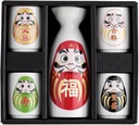 Japanese Sake Wine Soju Porcelain Set with 4 Ochoko Cups and Tokkuri Bottle Gifts (Daruma Set)