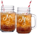 Mr and Mrs Mason Jar Glasses for Couples - Personalized Engraved Wedding - Custom Monogrammed - Set of 2