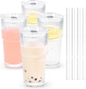 20 oz 4 Pcs Glass Cups with Lids and Straws Ribbed Iced Coffee Glasses Tumbler Vintage Drinking Glasses Set of 4 for Tea Juice Soda Smoothie(Ribbed A*4 with Lid)