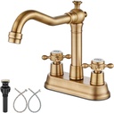 Aolemi 4 Inch Centerset Bathroom Sink Faucet Vintage 2 Cross Handles RV Mixer Tap Basin Vanity Lavatory Utility for Sink 3 Hole Include Water Hose Pop Up Drain with Ceramic Cover Antique Brass