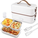 Self Cooking Electric Lunch Box, Portable Food Warmer for On-the-Go,Mini Rice Cooker 2 Layers 800ML Heated Lunch Box for Home Office Cook Food White