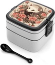 Stackable Double-Layer Bento Box Opossum And Roses Adults Lunchbox With Spoon Cute Japanese Bento Box Dishwasher Safe for Work Travel Dining Outc