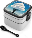 Bento Lunch Box for Women Lunch Containers for Adults Tree Clouds Double Layered Lunchbox Large Capacity Bento Box with Cutlery for Work Picnic Camping Travel