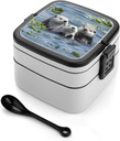 Adult Double-Layer Bento Box Lovely Sea Otter Portable Lunch Box with Spoon And Invisible Handle Leakproof Microwave-Safe Food Container for Work Travel Camping