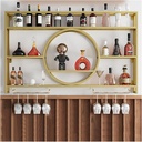 Floating Wall with LED Light and Glass Holder Modern Iron Bar Liquor Shelf for Kitchen Wine Cellar Wall Mounted Wine Storage Rack (Gold)